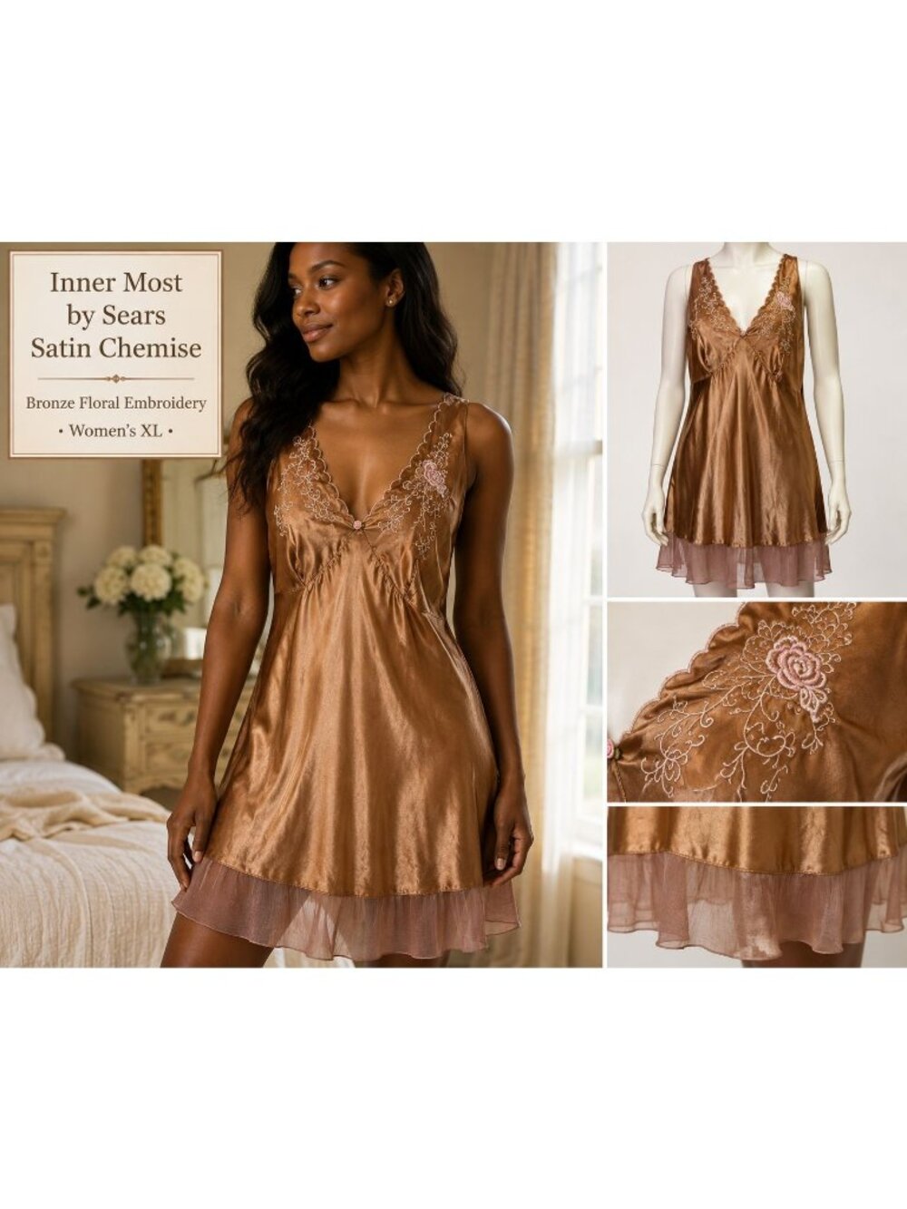Inner Most Sears Vintage 90s Bronze Satin Chemise Nightgown Womens XL
